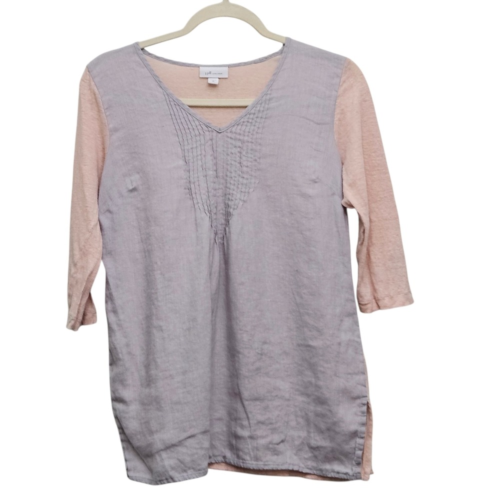 J. Jill‎ Tunic Women XS Grey Pink Linen Pintuck Pleated V-Neck Coastal Lagenlook